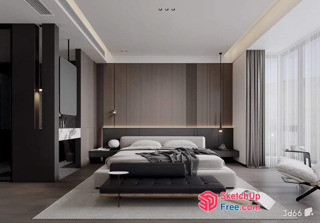 Modern Minimalist Bedroom With Elegant Bed And Furniture 3D SketchUp File