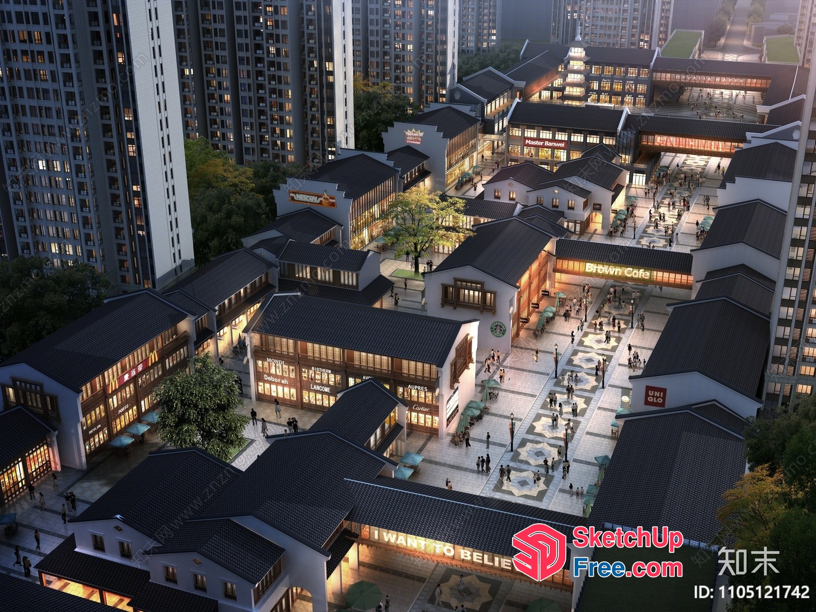 Modern Commercial Street With Traditional Chinese Architecture 3D SketchUp File