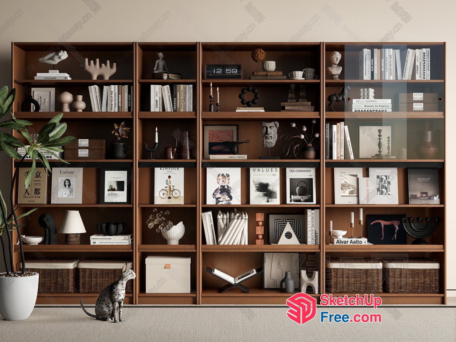 Modern Bookcase With Decorative Items And A Cat 3D SketchUp File