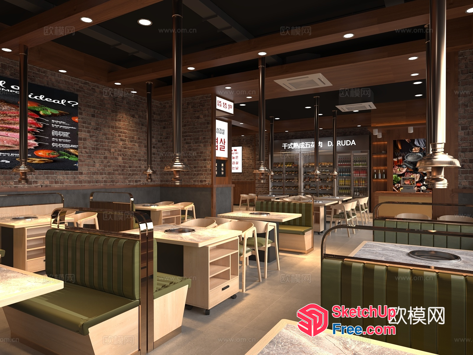 Modern Restaurant Interior With Brick Walls And Green Seating 3D SketchUp File