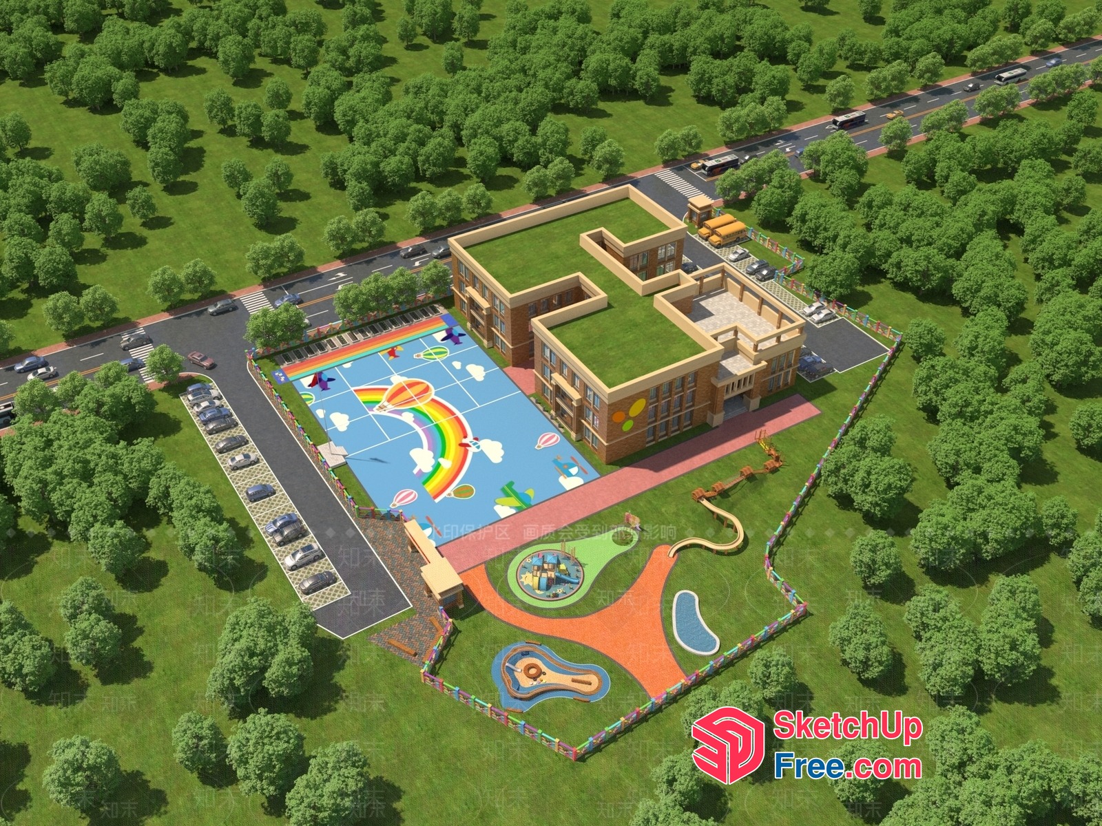 Colorful Playground With Rainbow-Themed Sports Court 3D SketchUp File