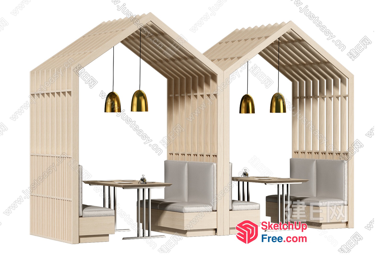 Modern Japanese-Style Dining Booths With Natural Wood Accents 3D SketchUp File