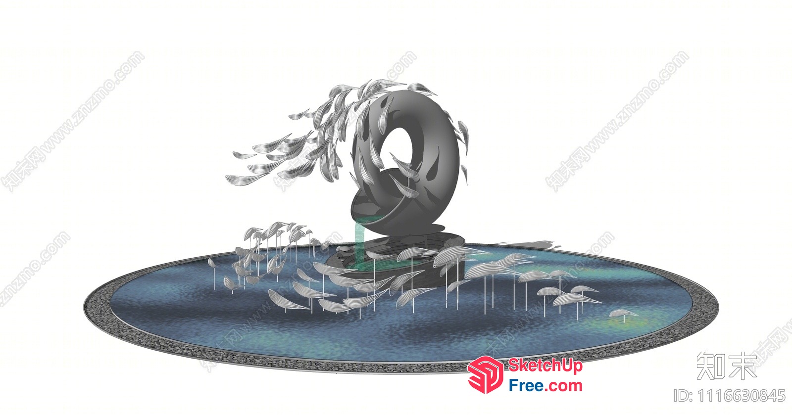 Modern Water Fountain With Abstract Sculpture 3D SketchUp File