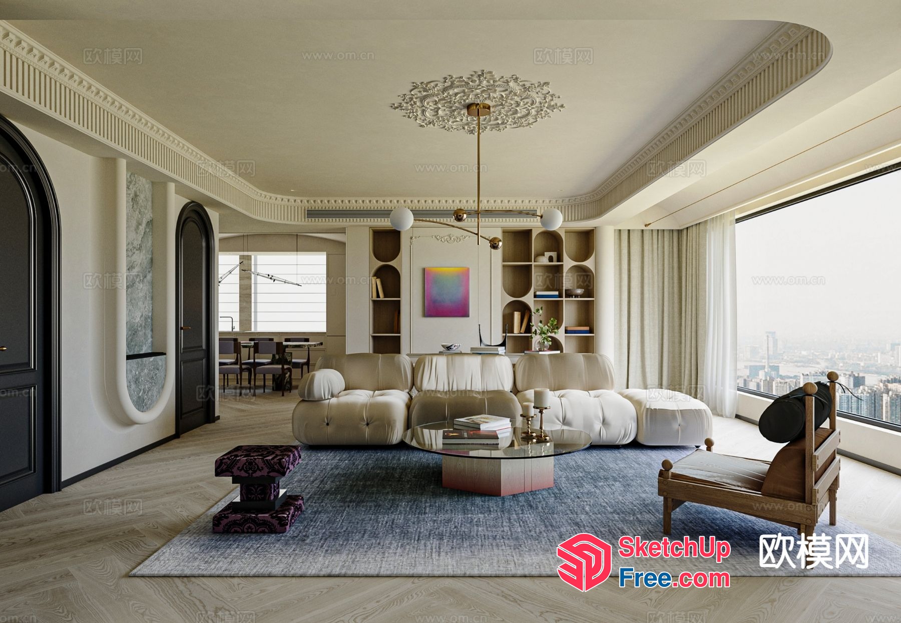 Luxurious Modern Living Room With Elegant Chandelier And Stunning City View 3D SketchUp File