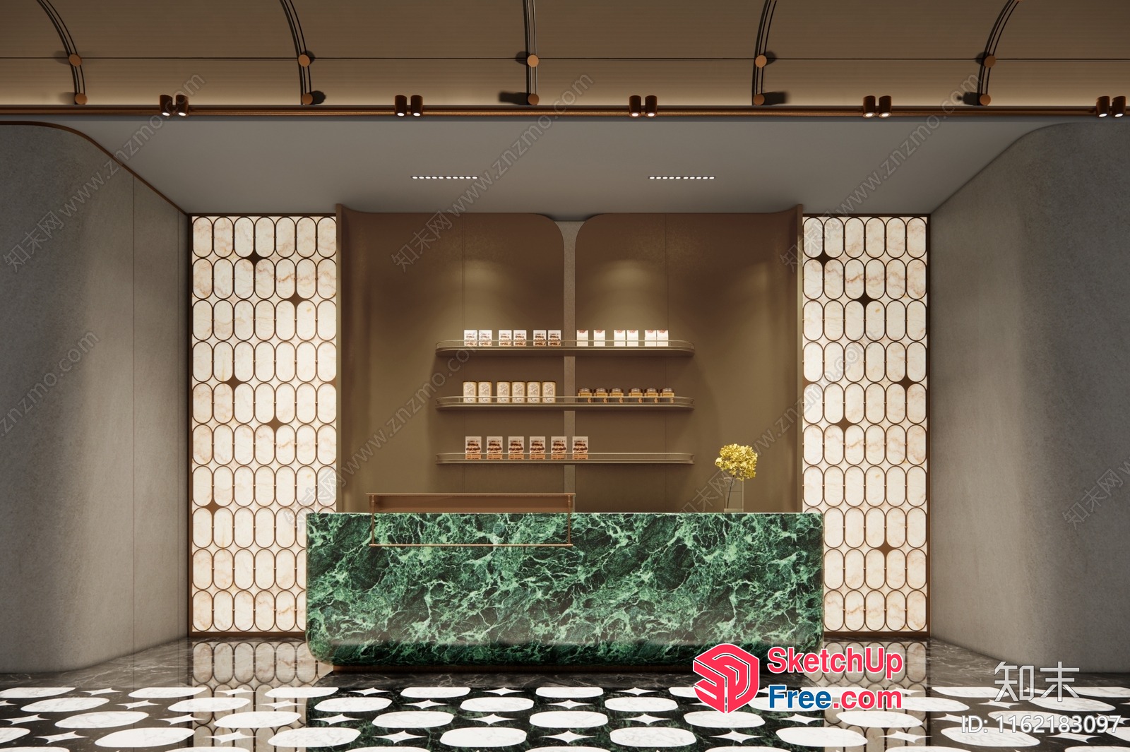 Marble Reception Desk With Golden Shelves And Decorative Walls 3D SketchUp File