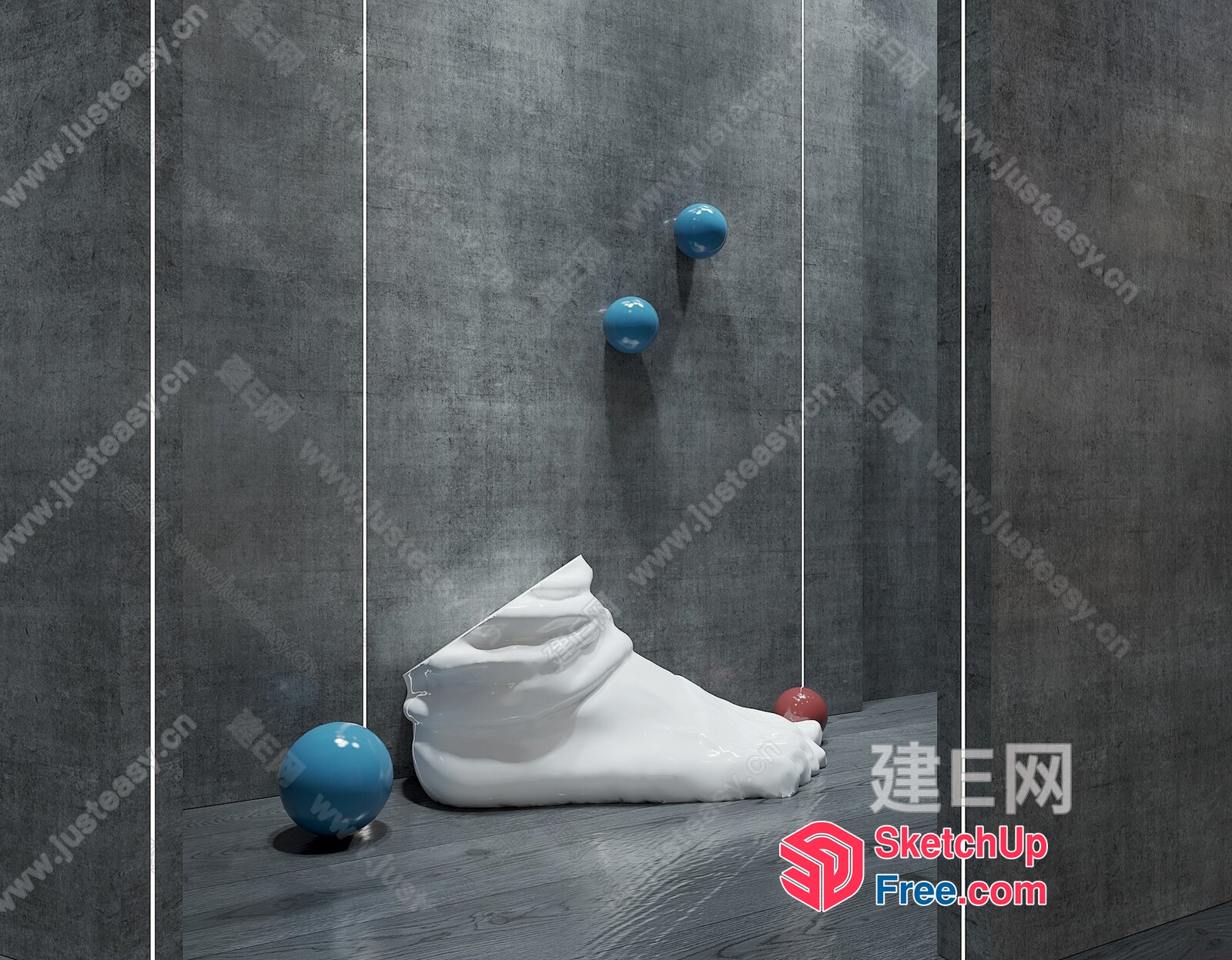 Elevator Interior With Blue And Red Spheres And White Sculpture 3D SketchUp File