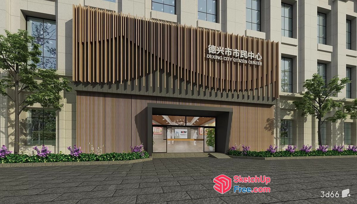 Modern Building Entrance With Natural Wood Accents And Glass Windows 3D SketchUp File