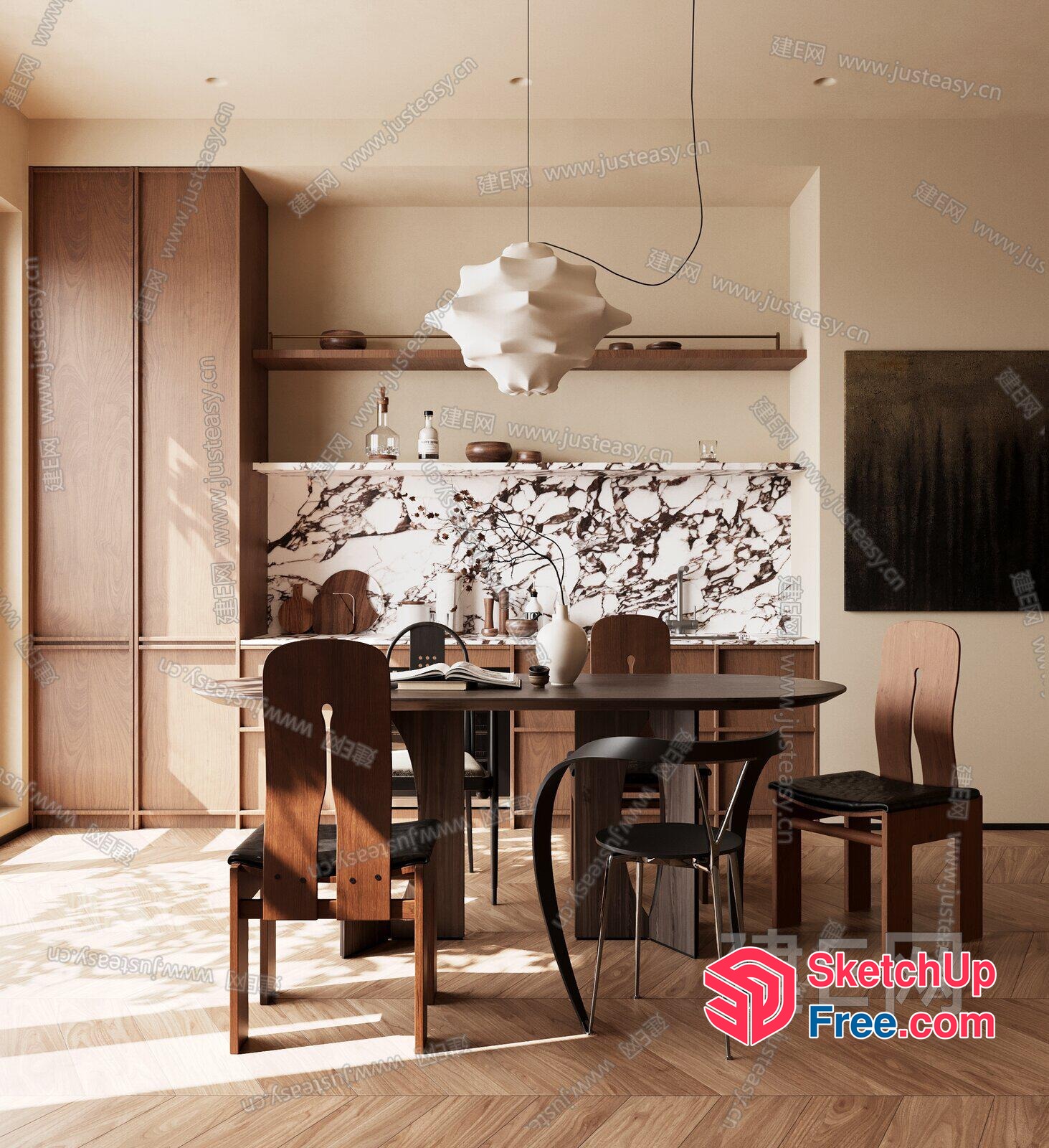 Modern Minimalist Dining Room With Wood Furniture And Marble Backsplash 3D SketchUp File