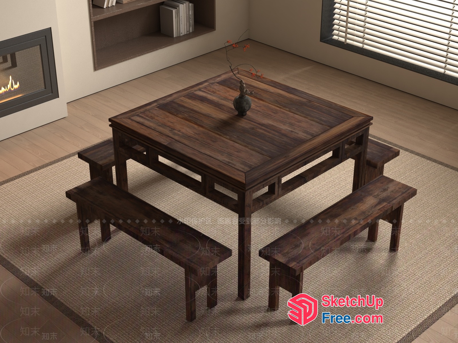 Traditional Japanese Style Dining Table And Bench Set 3D SketchUp File