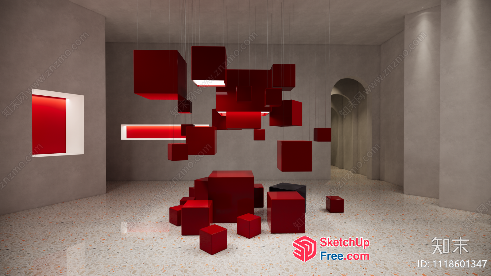 Red Cubes Suspended In Gray Room 3D SketchUp File