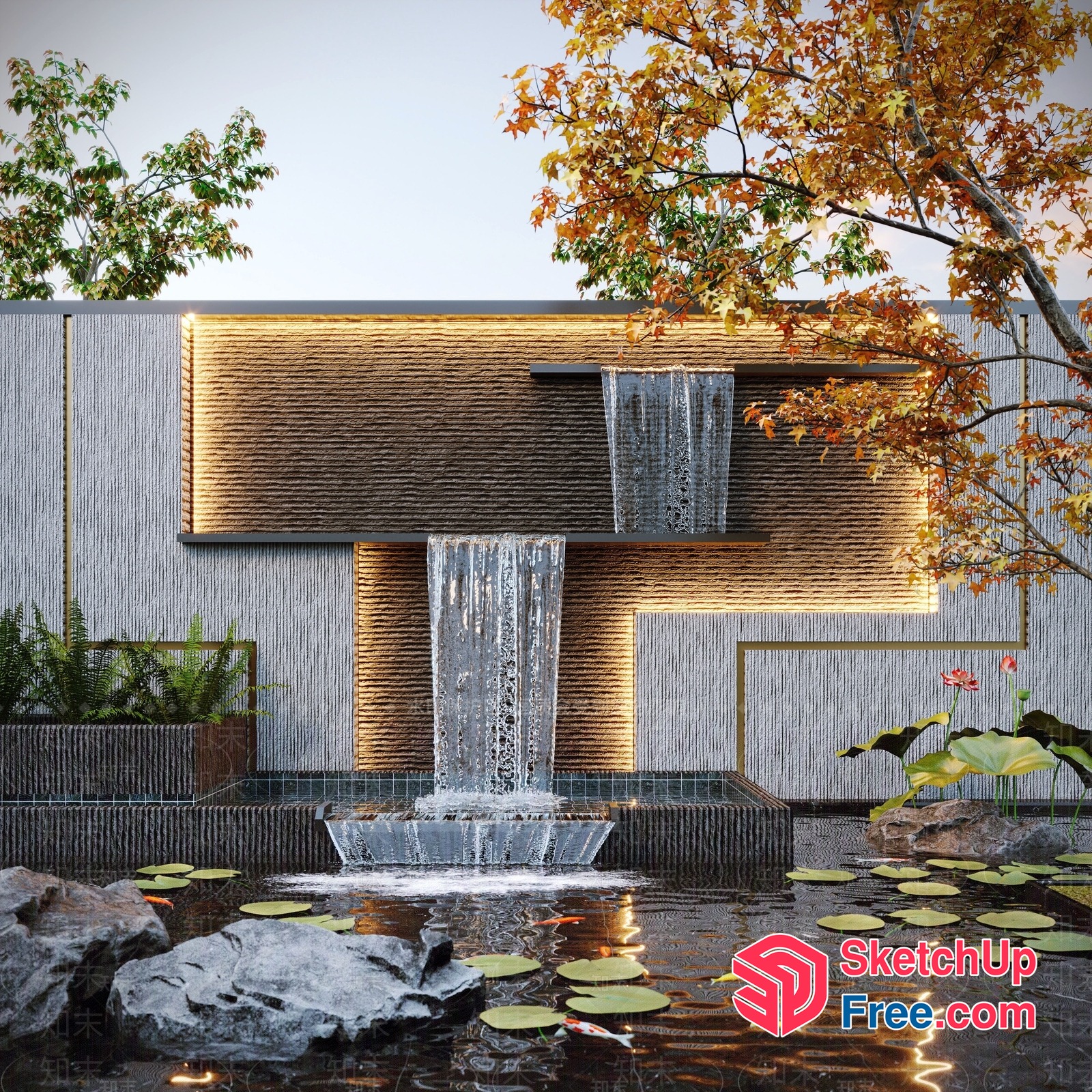 Modern Waterfall Feature With Koi Pond 3D SketchUp File