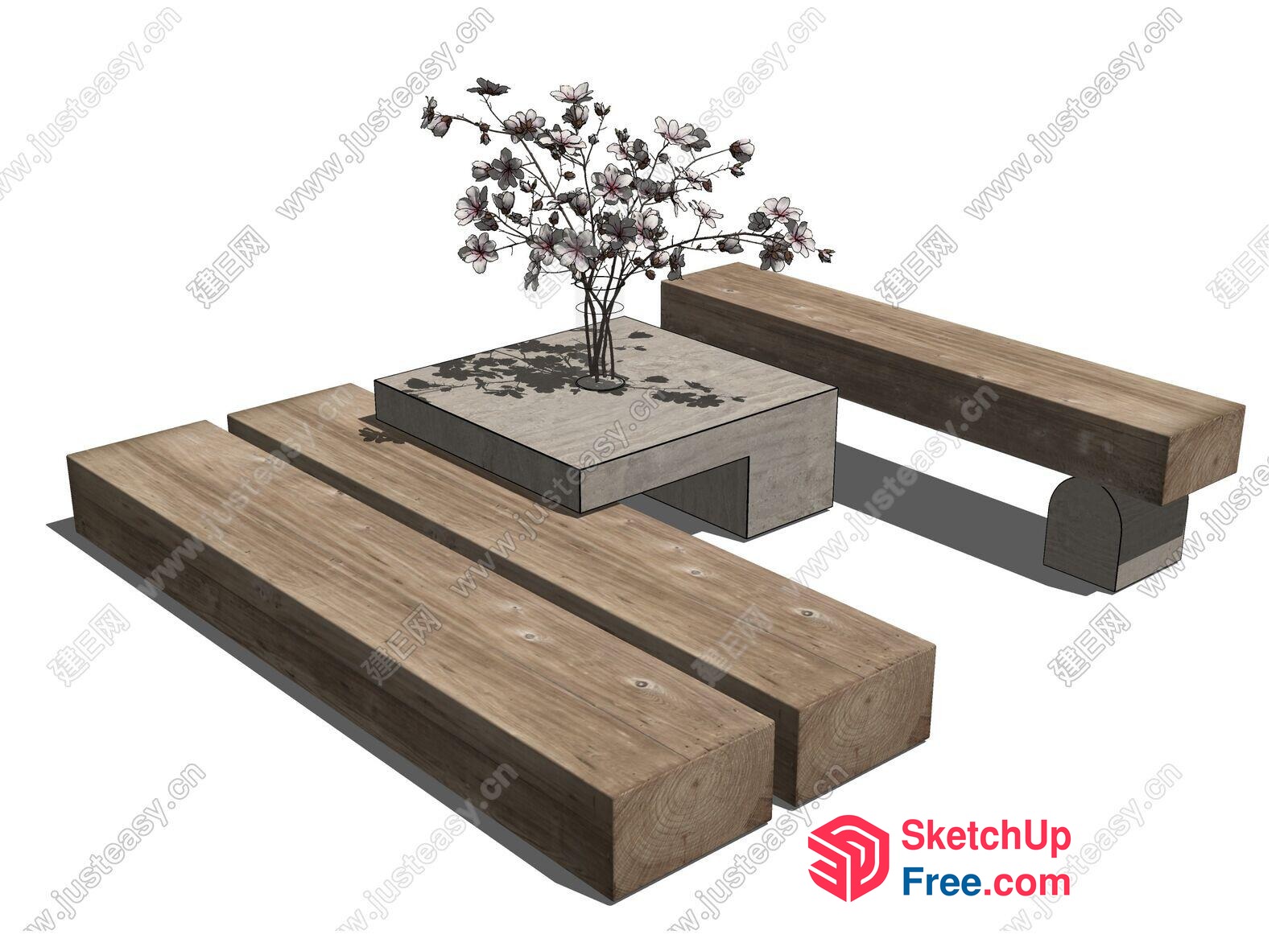 Simple Modern Wooden Furniture Set With A Plant 3D SketchUp File