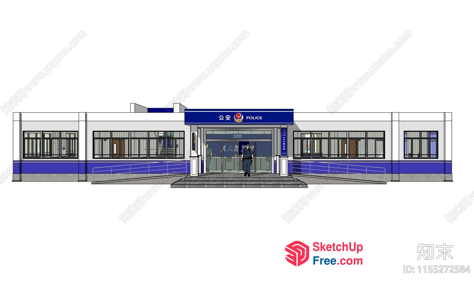 Police Station Facade With Blue Accents 3D SketchUp File