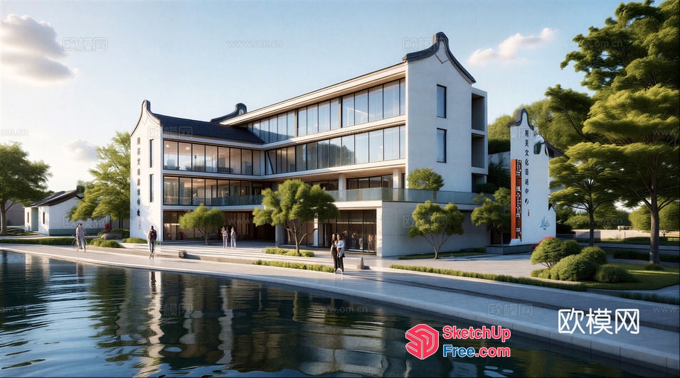 Modern Asian-Inspired Building With Glass Curtain Wall 3D SketchUp File