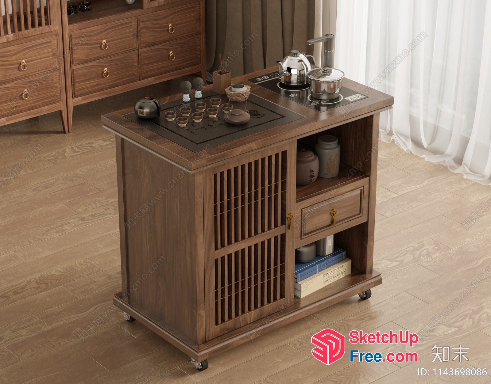 Wooden Tea Cart With Sliding Door And Shelves 3D SketchUp File