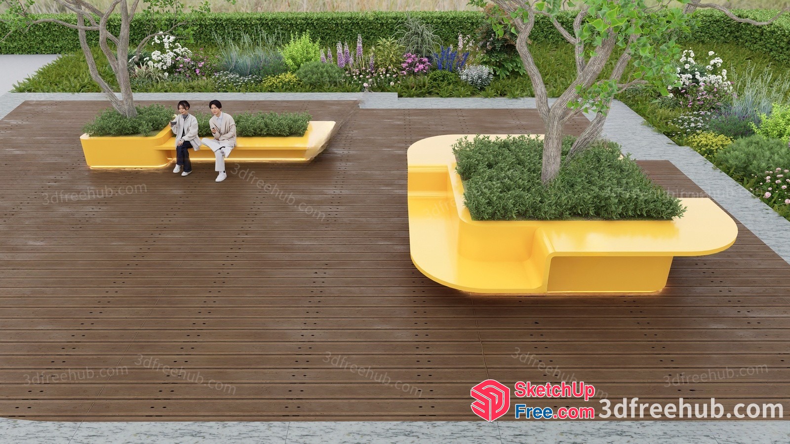 Outdoor Seating Area With Yellow Benches And Potted Plants 3D SketchUp File
