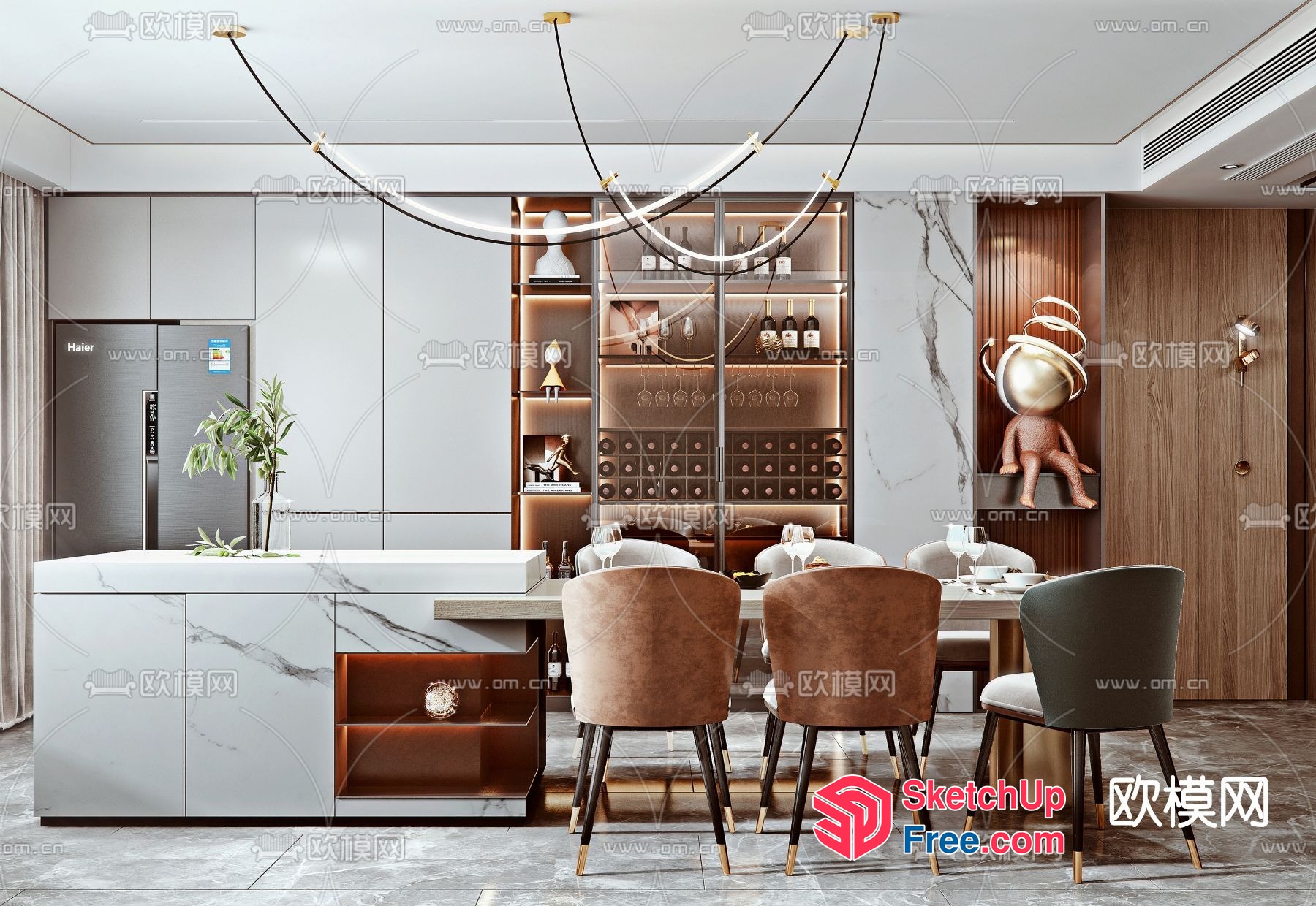 Modern Dining Room With Sleek Marble Countertop And Stylish Lighting 3D SketchUp File