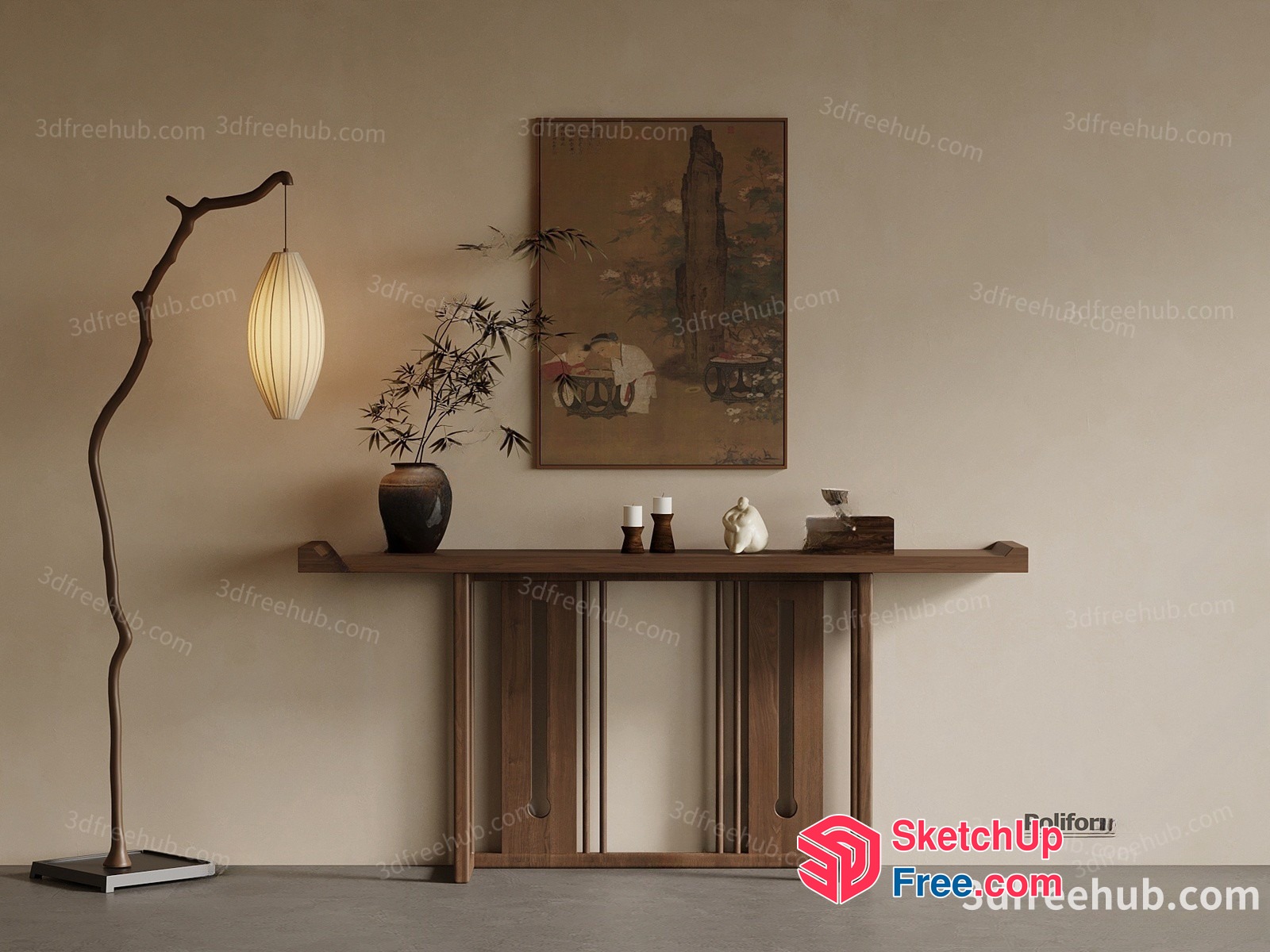 Asian-Inspired Interior Scene With Traditional Decor 3D SketchUp File