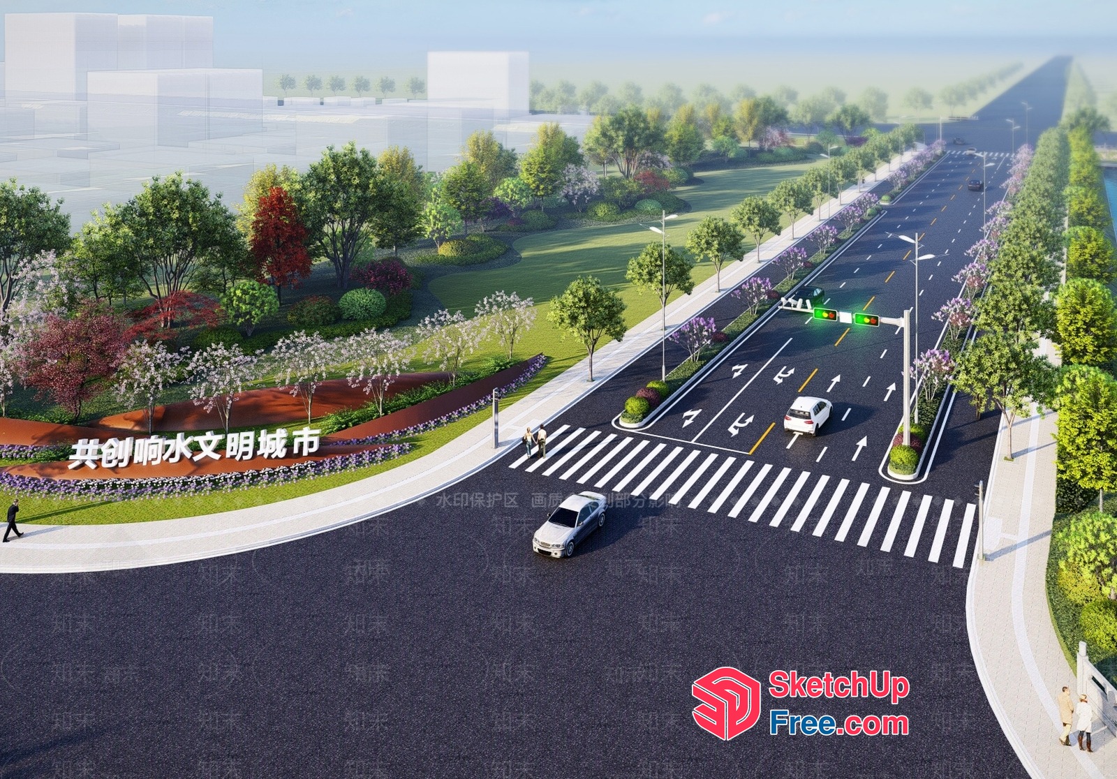 A Road Crossing With Traffic Lights And Pedestrian Crossing 3D SketchUp File