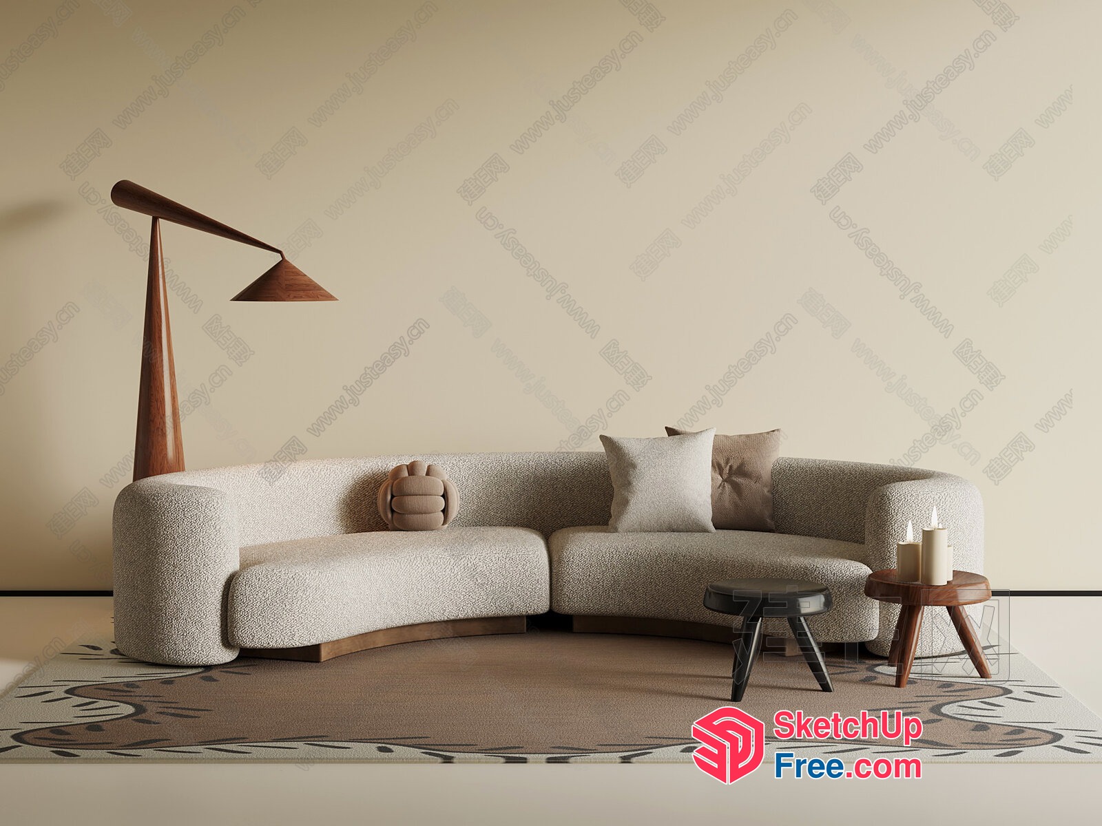 Minimalist Style Living Room With Creamy Sofa And Pillows 3D SketchUp File