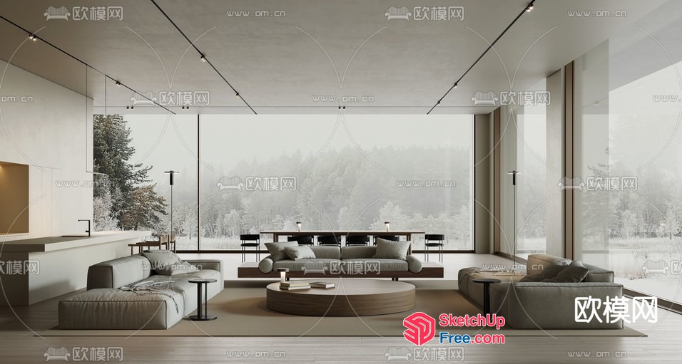 Modern Minimalist Living Room With Large Windows 3D SketchUp File