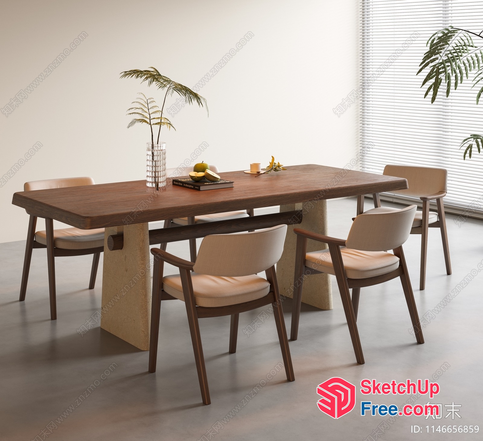 Modern Dining Room With Wooden Table And Chairs 3D SketchUp File