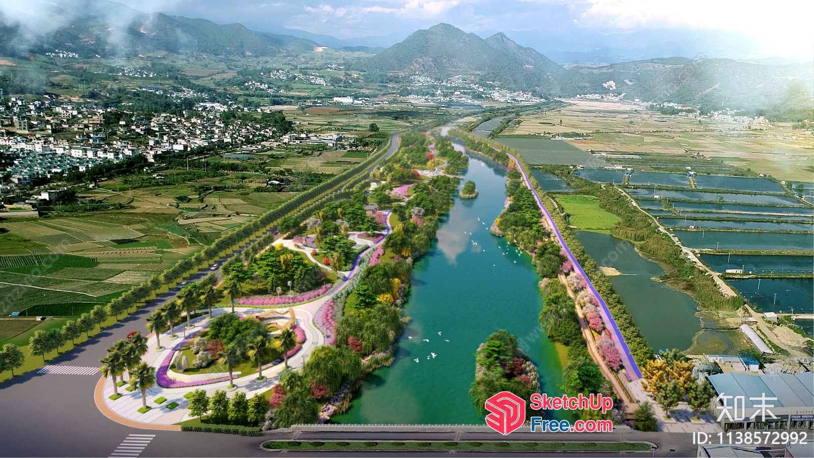 Serene Landscape Park With Lake And Waterway 3D SketchUp File