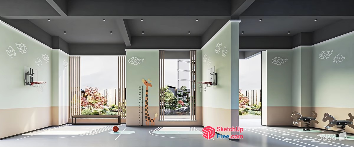Modern Indoor Playground With Sports Equipment And Animal Decorations 3D SketchUp File