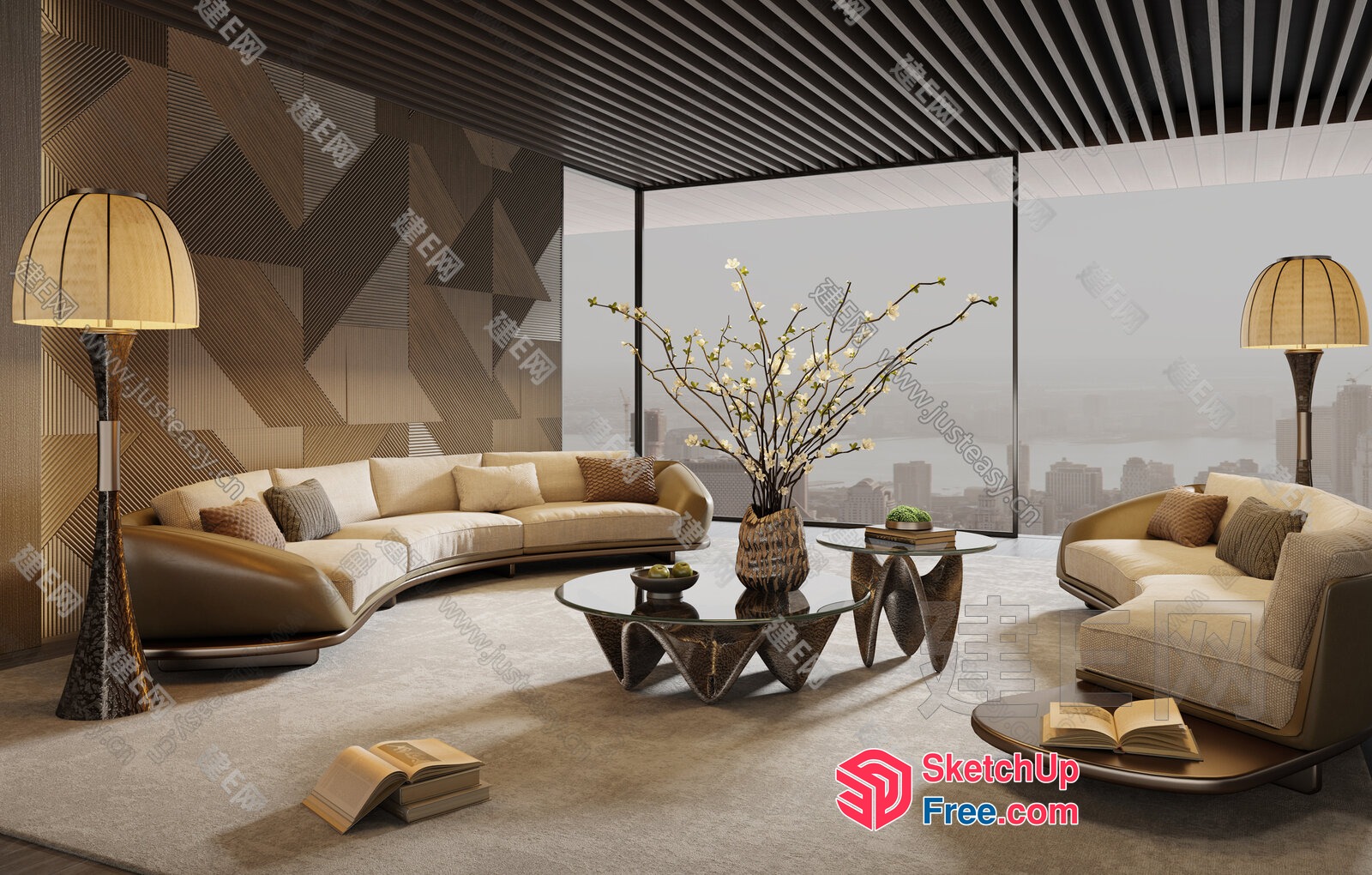 Modern Living Room With Curved Sofa And Coffee Table 3D SketchUp File