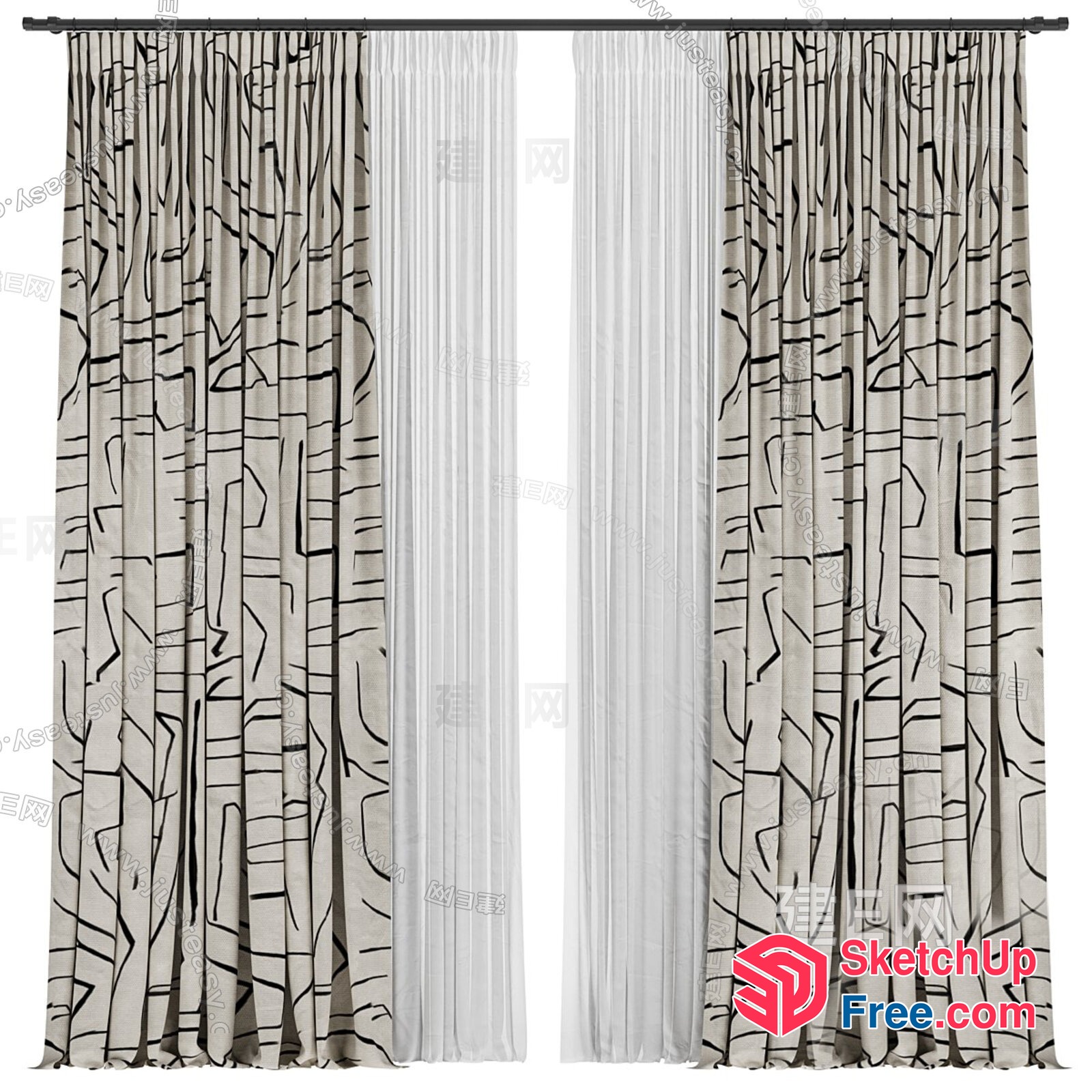 Elegant White Curtain With Black Lines Pattern 3D SketchUp File