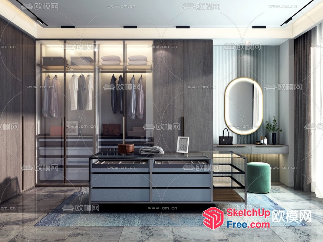 Modern Dressing Room Interior With Glass Closet 3D SketchUp File