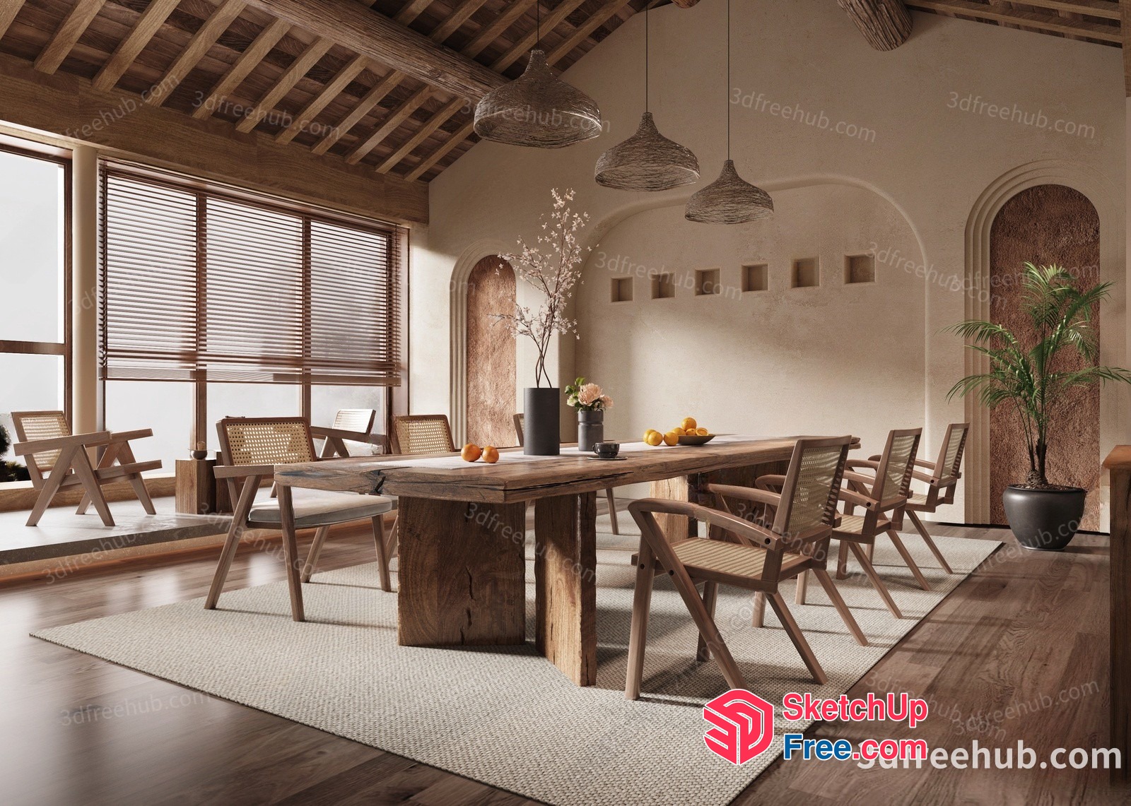 Elegant Modern Dining Room With Natural Wood Furniture 3D SketchUp File