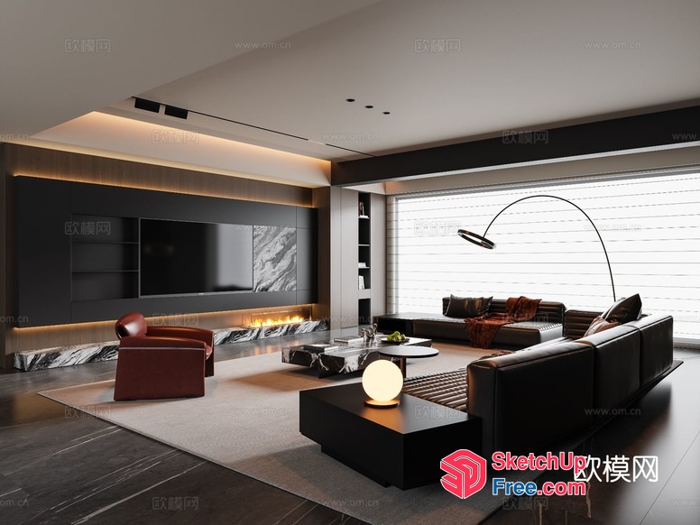 Modern Living Room With Dark Furniture And White Walls 3D SketchUp File