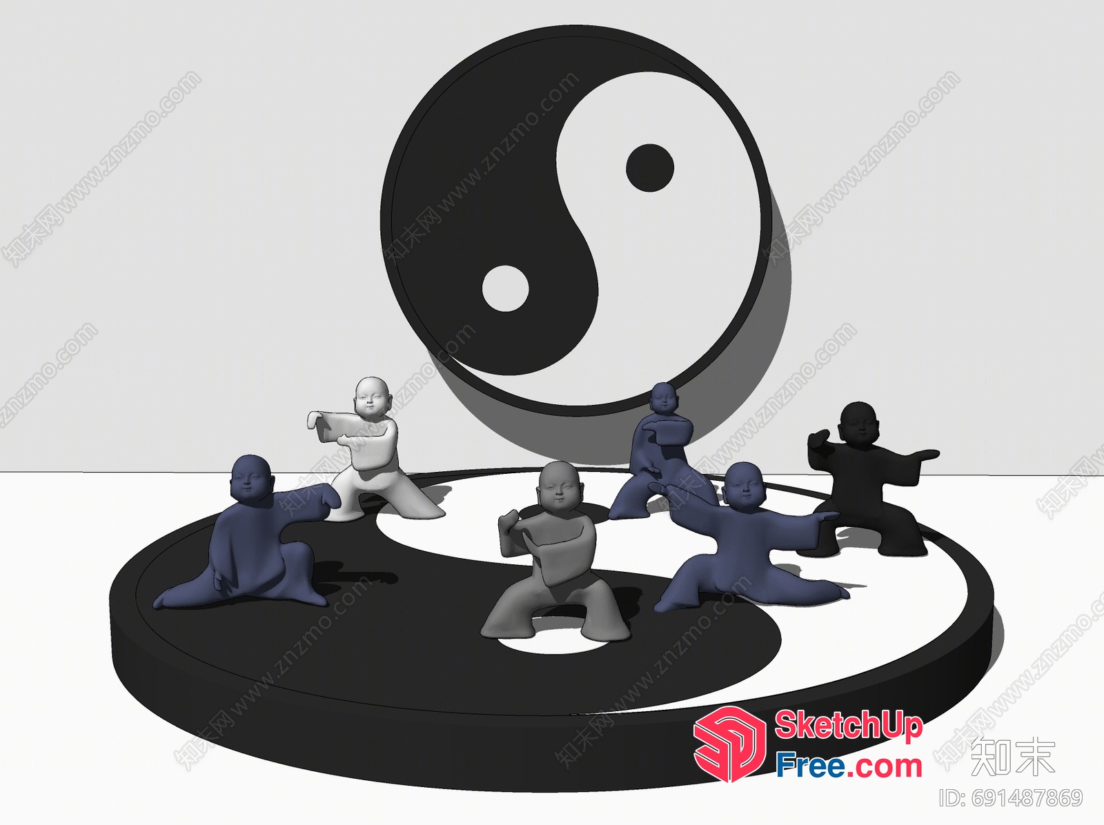 Six Figures Practicing Martial Arts In Front Of Yin-Yang Symbol 3D SketchUp File