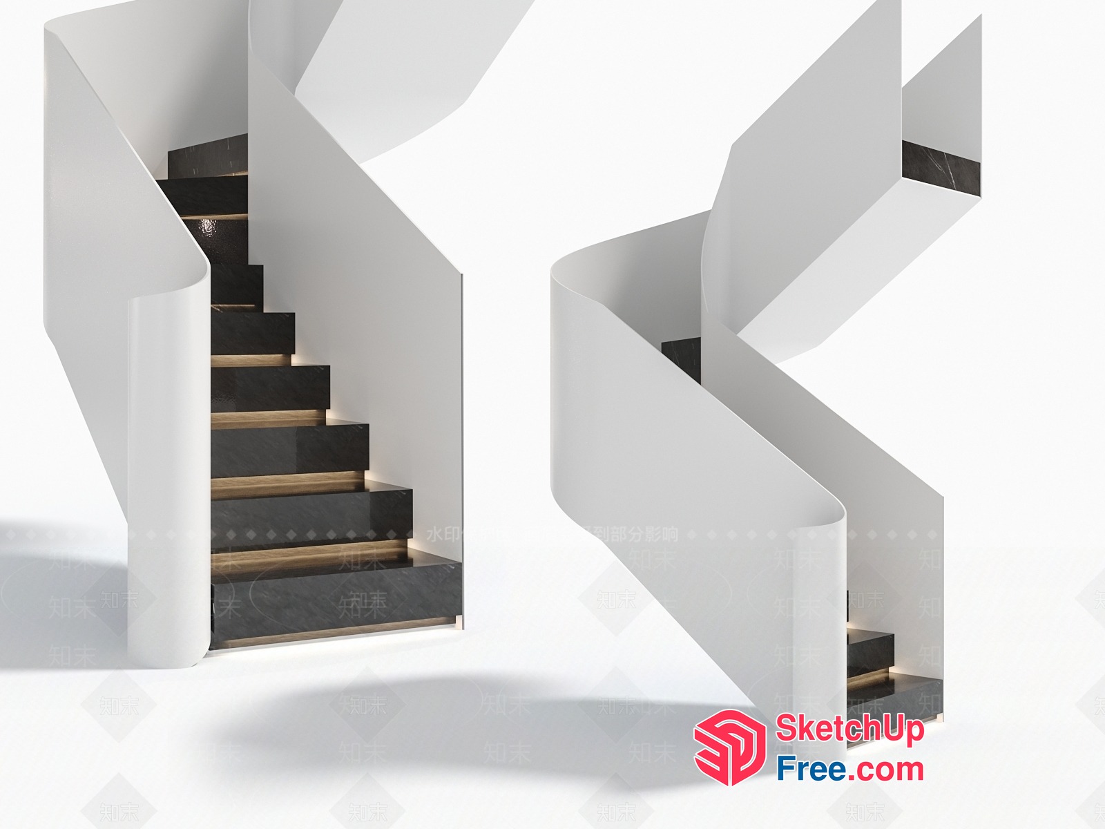 Curved White Staircase With Black And Brown Treads 3D SketchUp File
