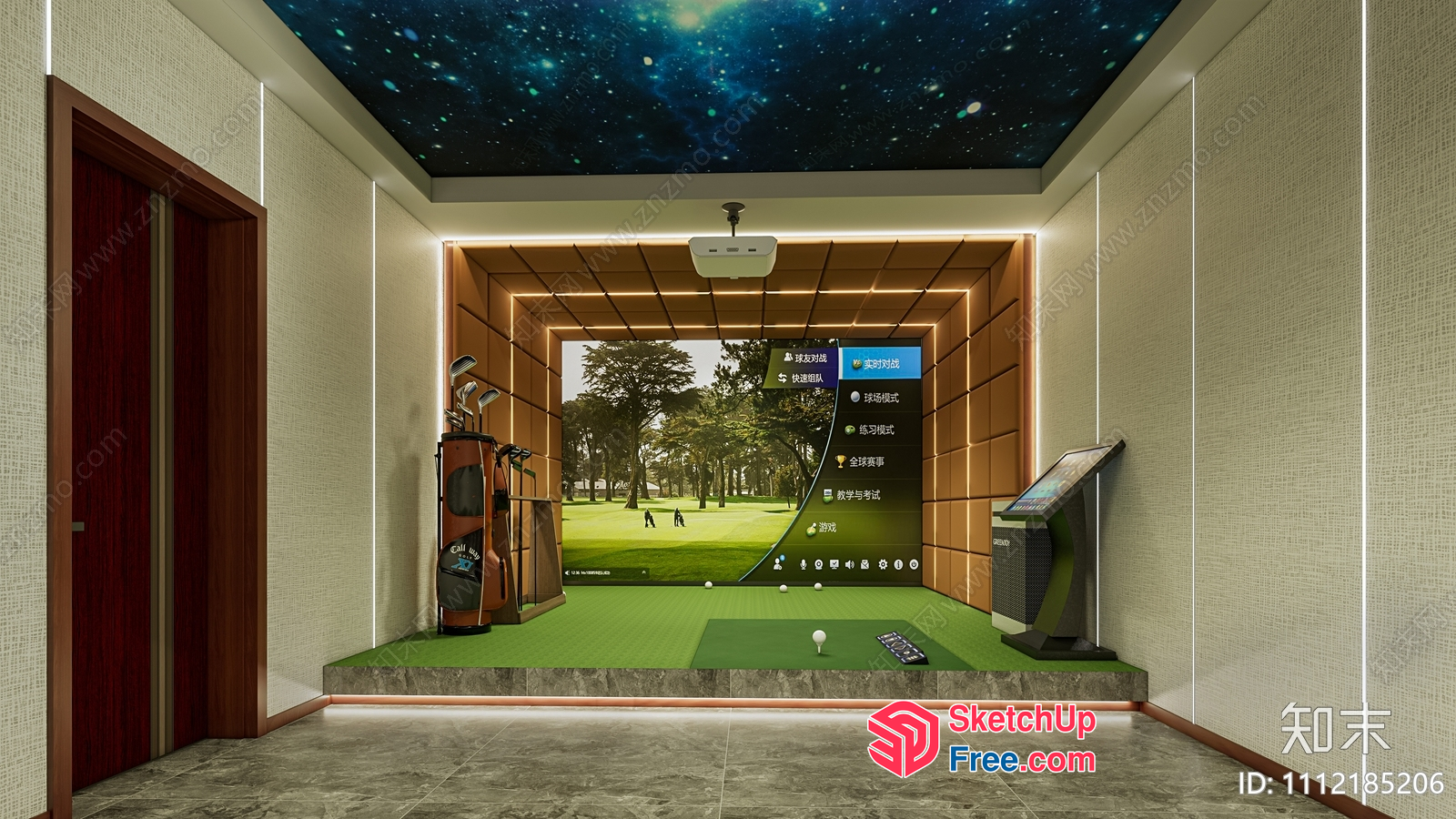 Indoor Golf Simulator Room With Projector And Virtual Reality 3D SketchUp File