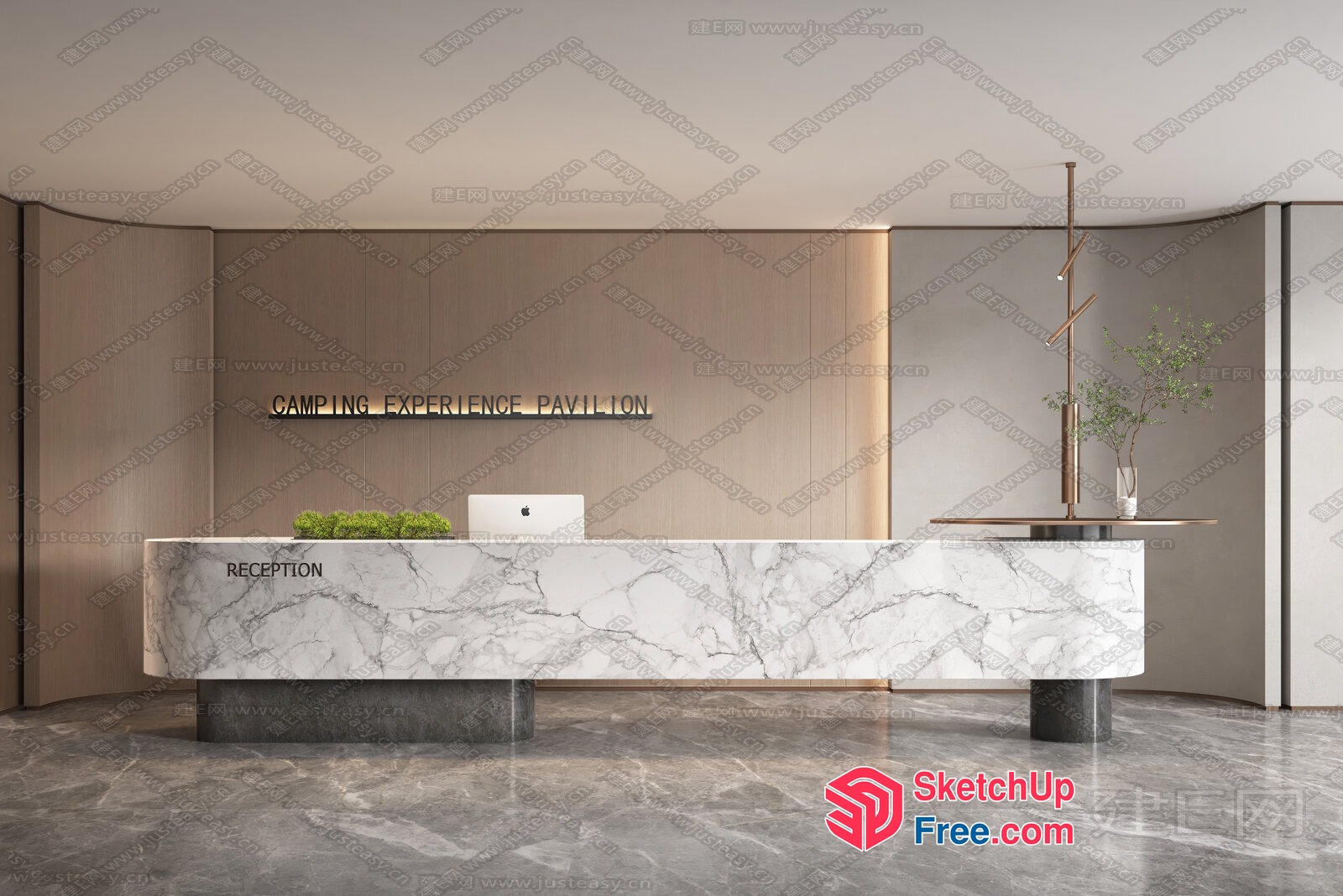 Modern Reception Area With Marble Desk And Wooden Wall 3D SketchUp File