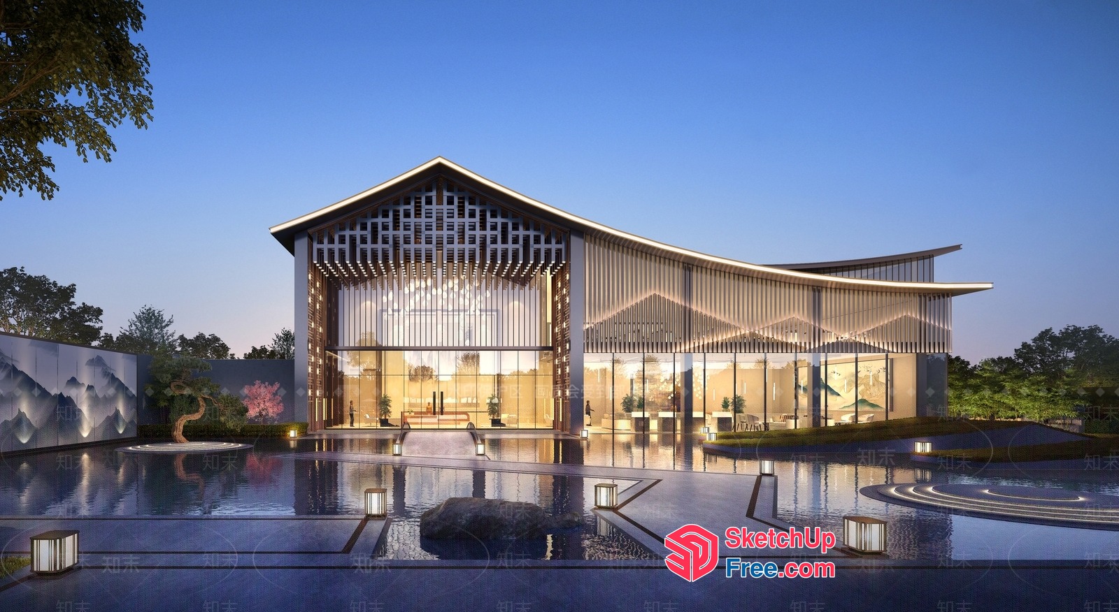 Modern Japanese-Inspired Building With Elegant Facade 3D SketchUp File