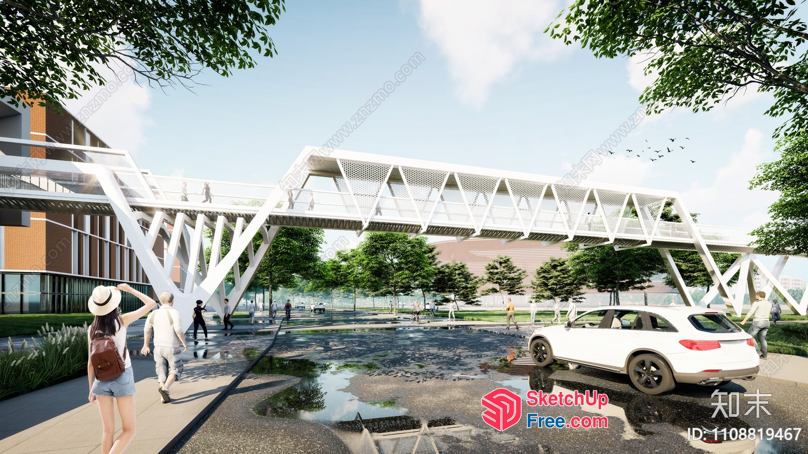 Pedestrian Bridge In Front Of A Building 3D SketchUp File