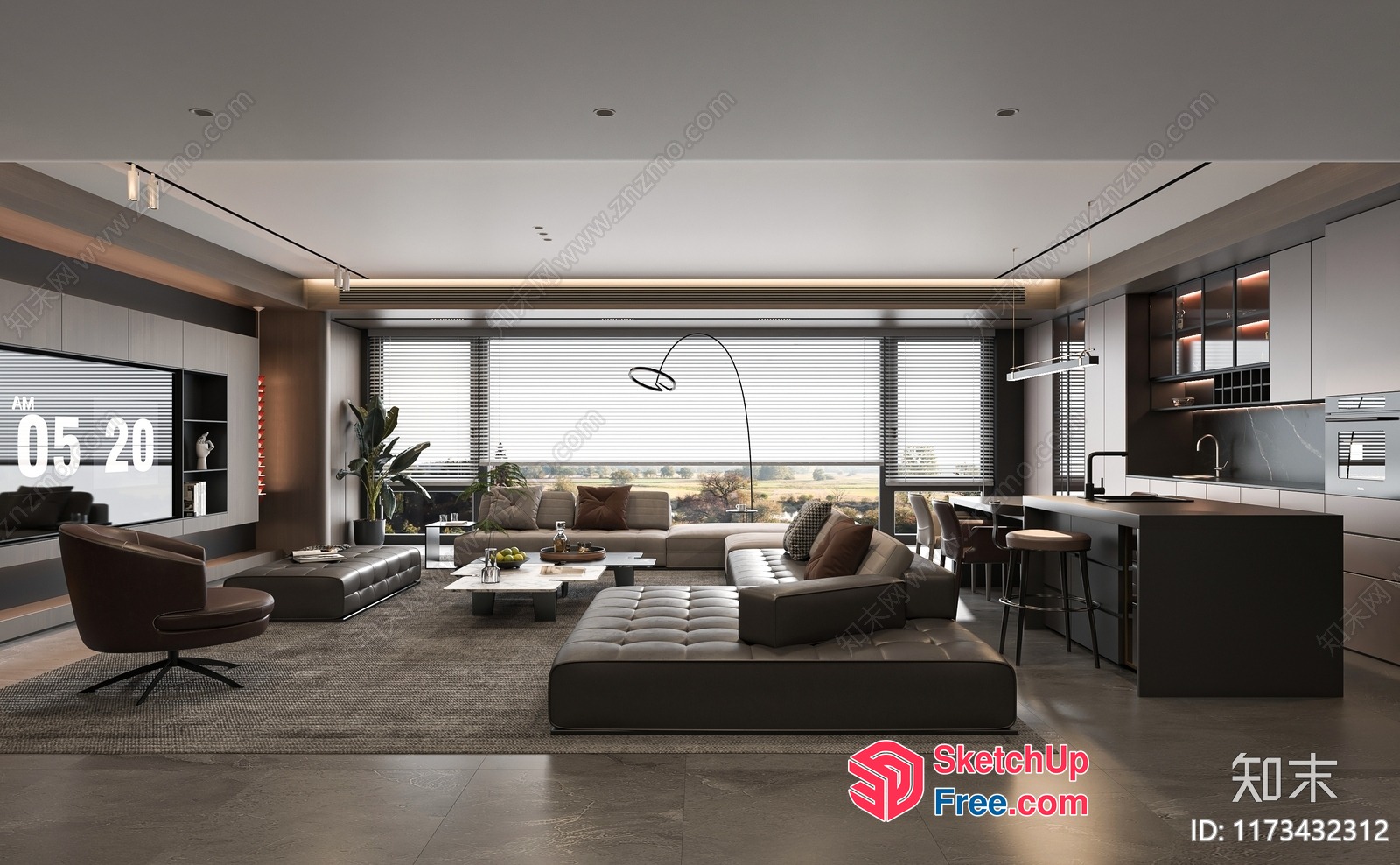 Modern Minimalist Living Room With Large Window And Grey Furniture 3D SketchUp File