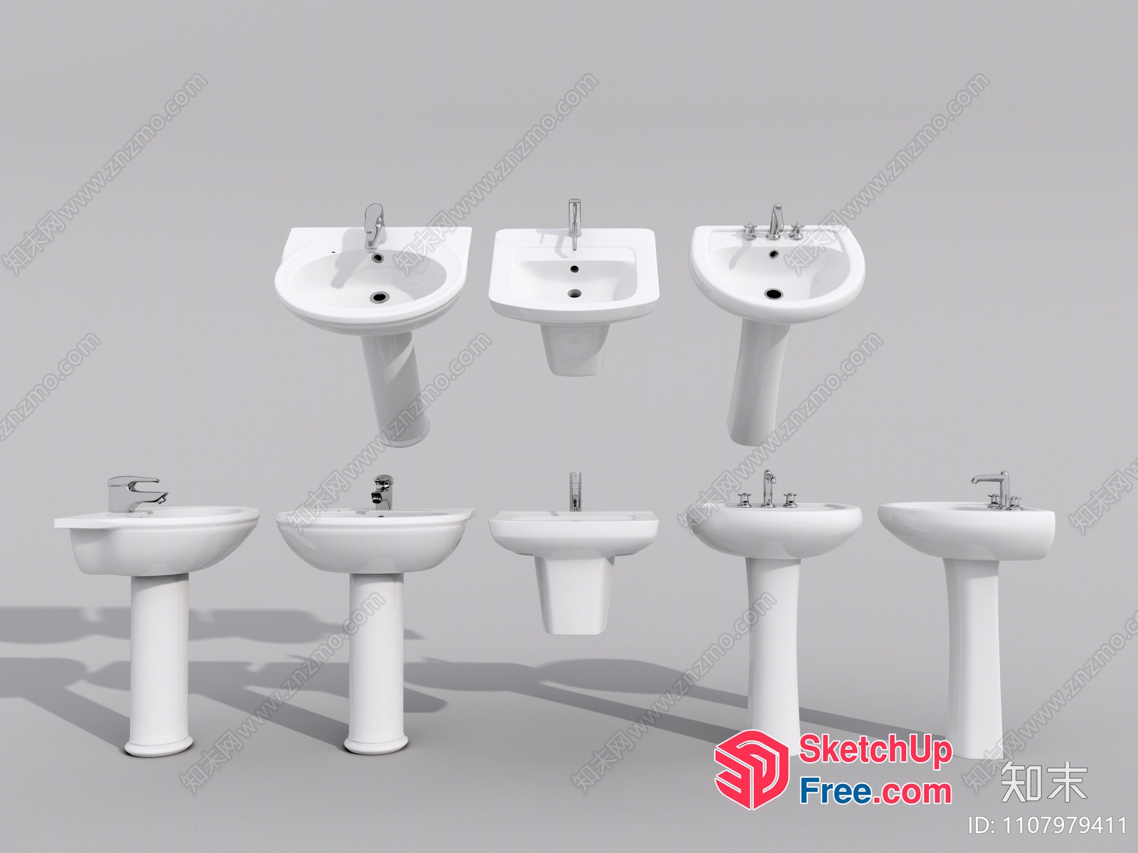 White Pedestal Sinks In A Row 3D SketchUp File