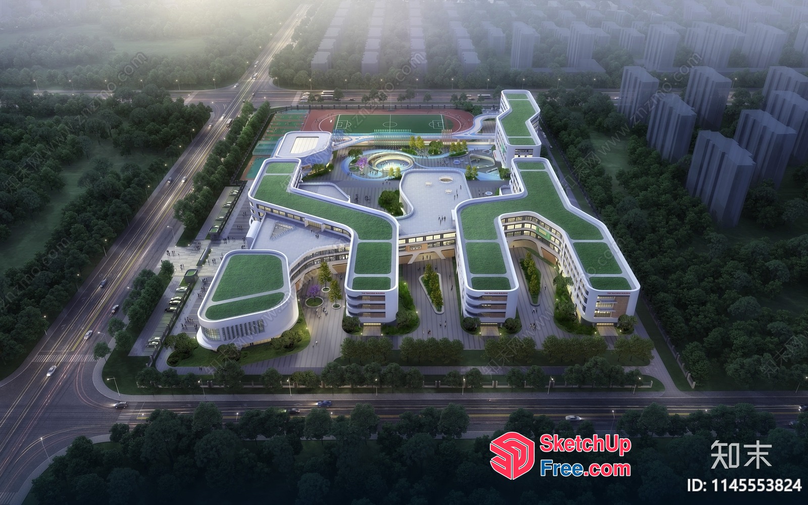 Modern Building With Green Roof And Outdoor Spaces 3D SketchUp File