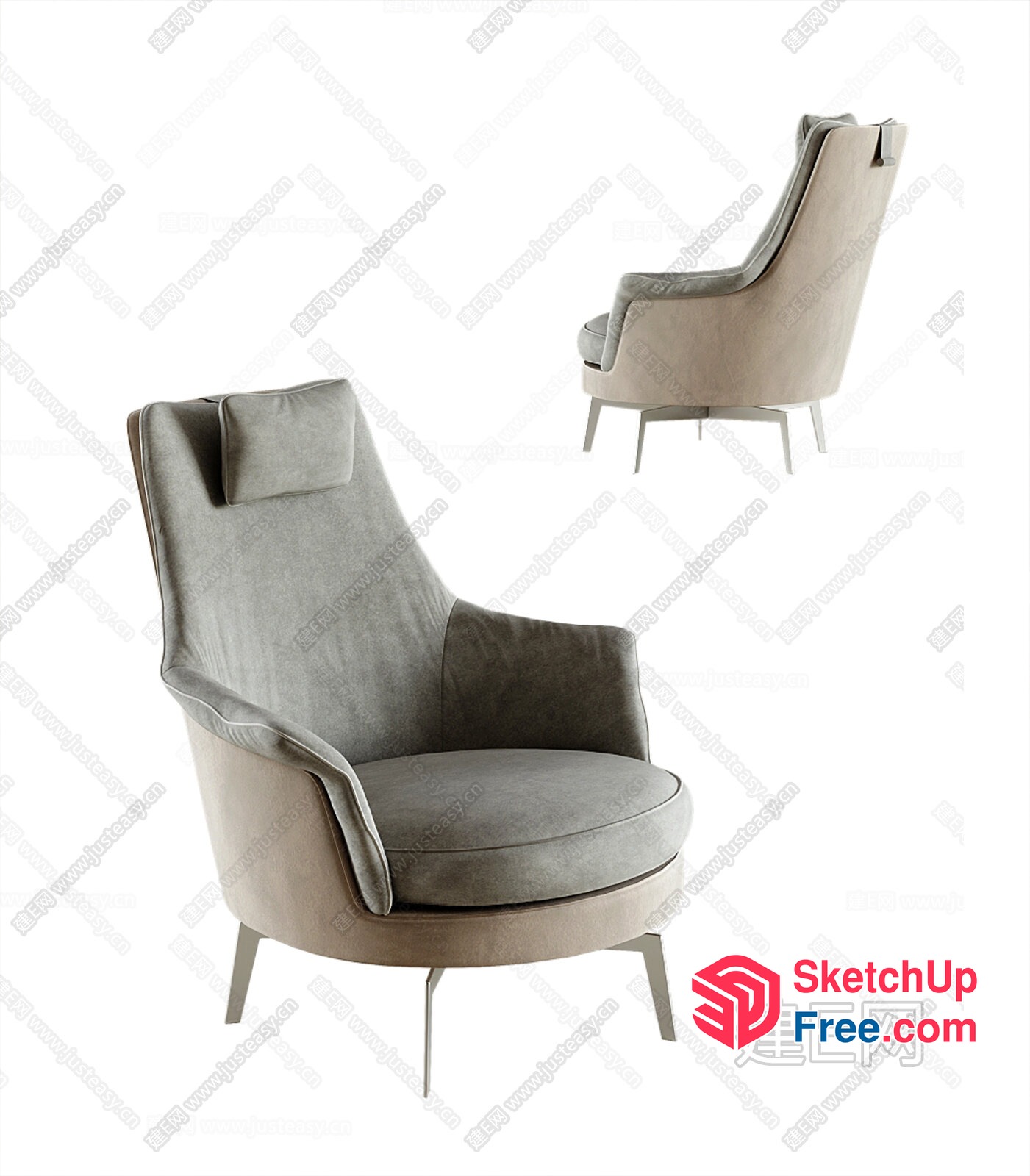 Modern Grey Armchair With High Back And Pillow 3D SketchUp File