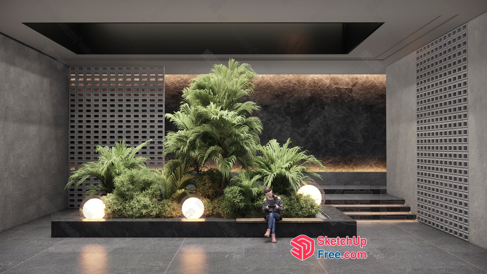 Luxurious Modern Office Building With Tropical Plants 3D SketchUp File