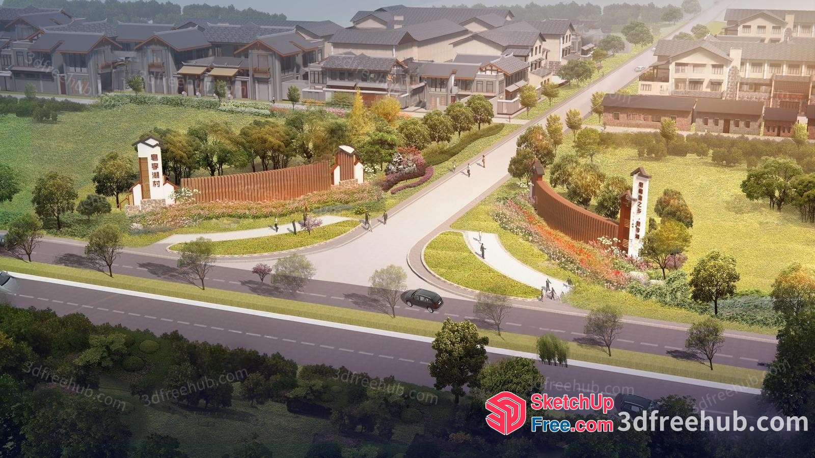 Modern Residential Area With Road And Green Spaces 3D SketchUp File