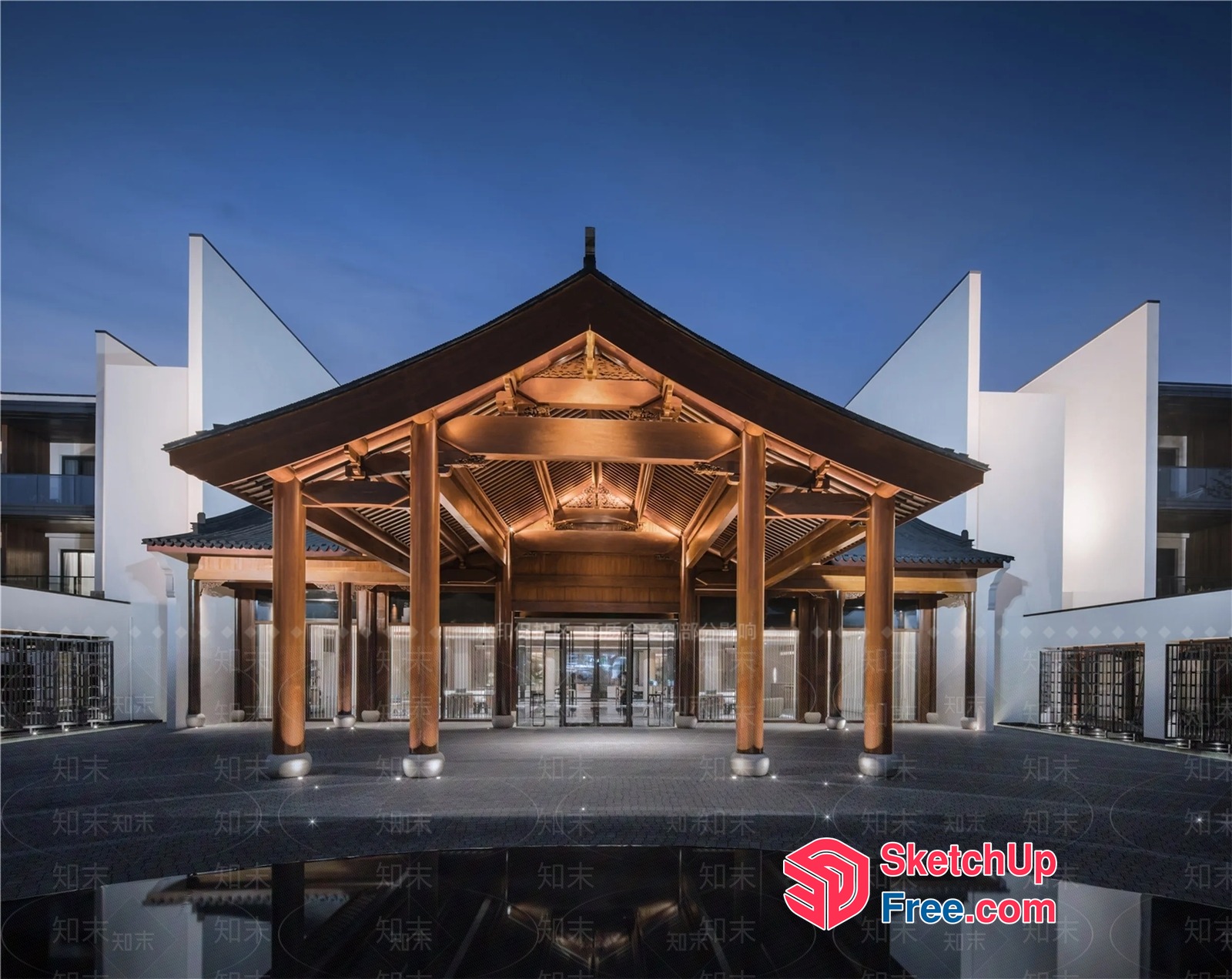 Elegant Asian-Inspired Building With Traditional Roof And Pillars 3D SketchUp File