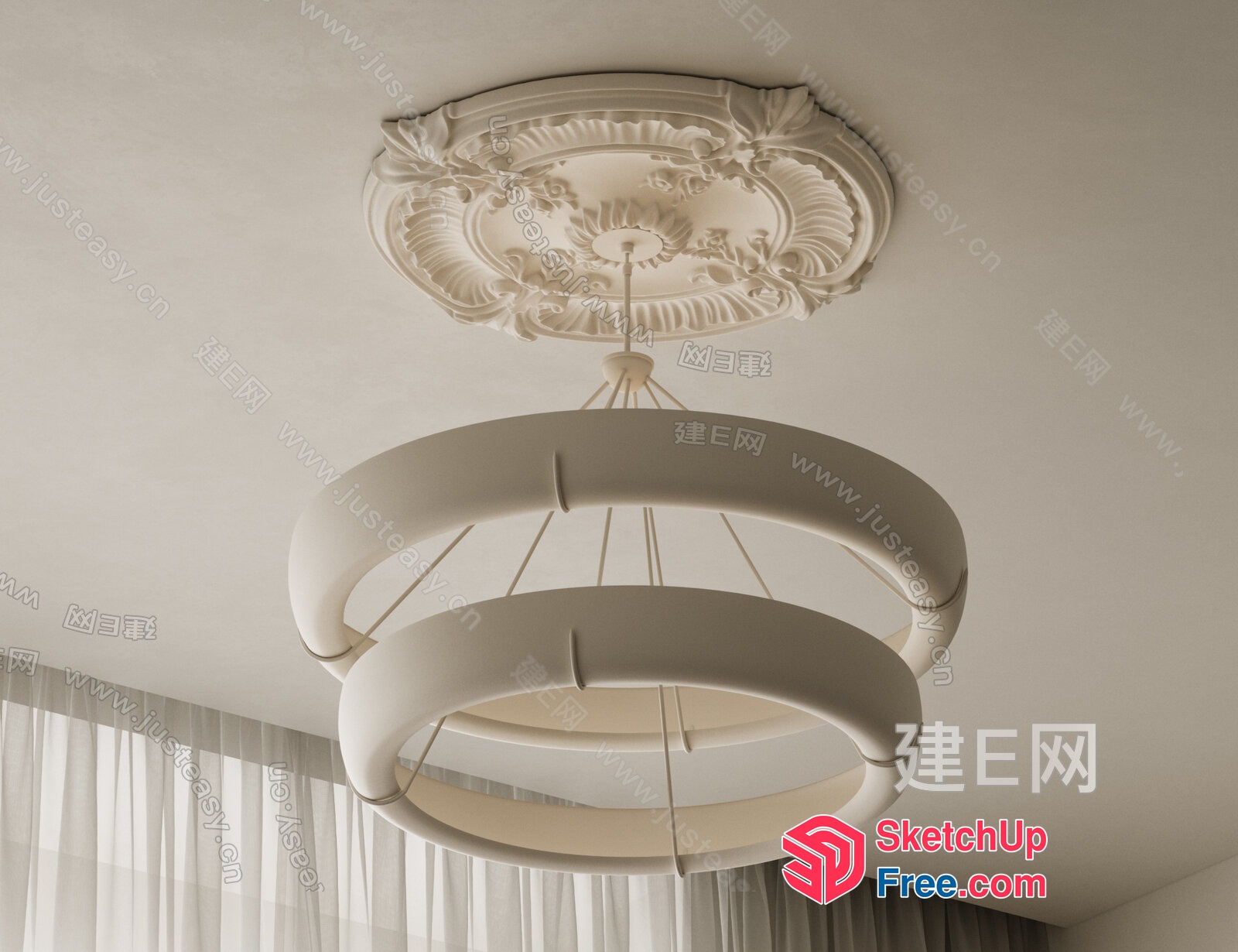 Ornate Ceiling Medallion And Modern Chandelier 3D SketchUp File