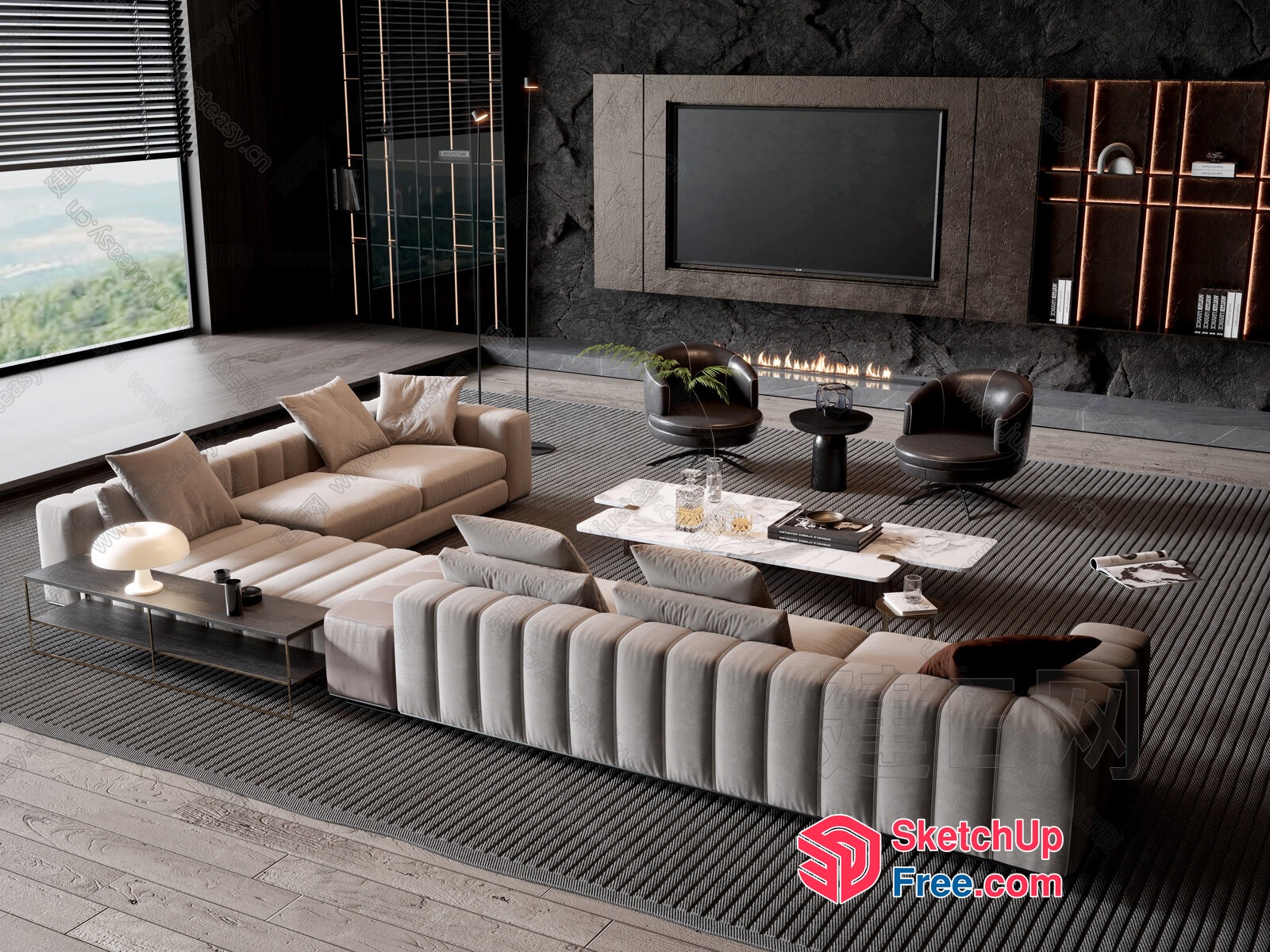 Modern Living Room With Fireplace And Large Tv 3D SketchUp File