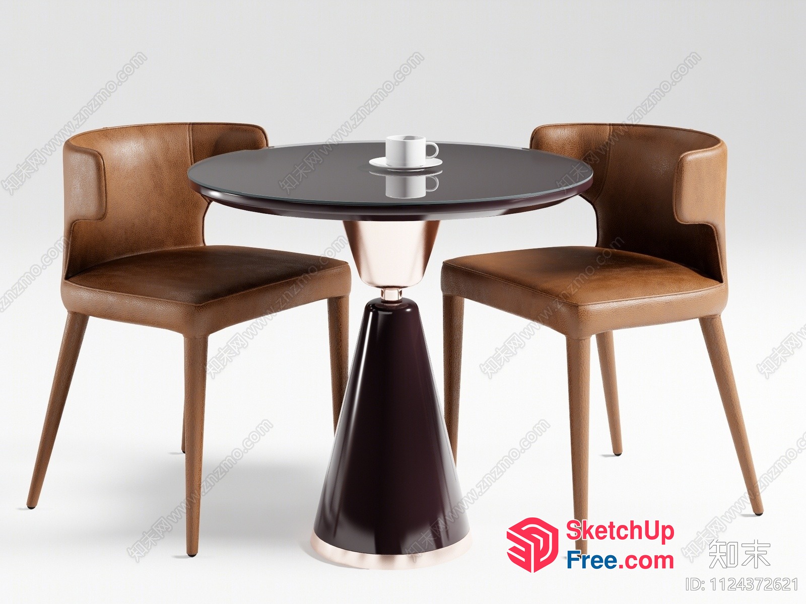 Modern Round Dining Table With Two Brown Chairs 3D SketchUp File