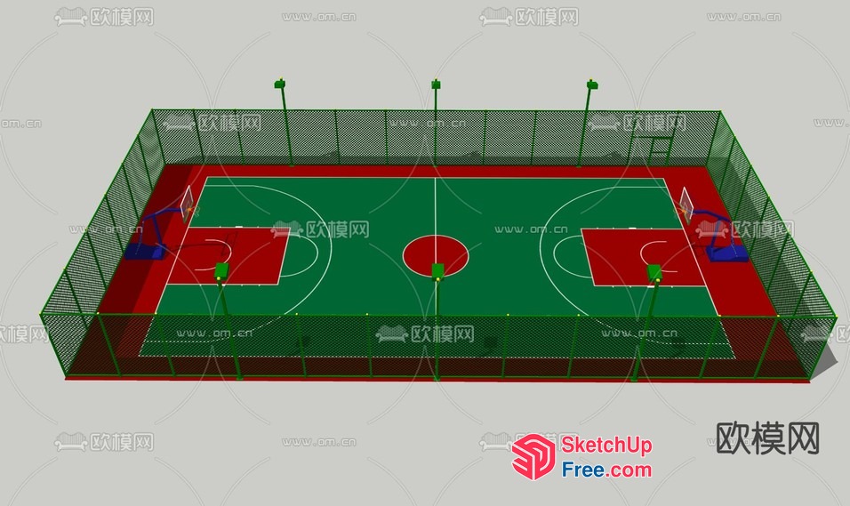 Basketball Court With Green And Red Flooring 3D SketchUp File